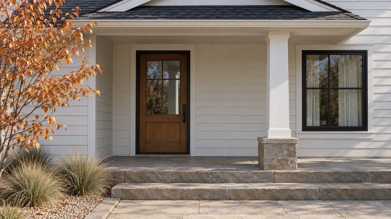 White-sided home entrance with an oak glazed door, sandstone steps and copper autumn serviceberry leaves.