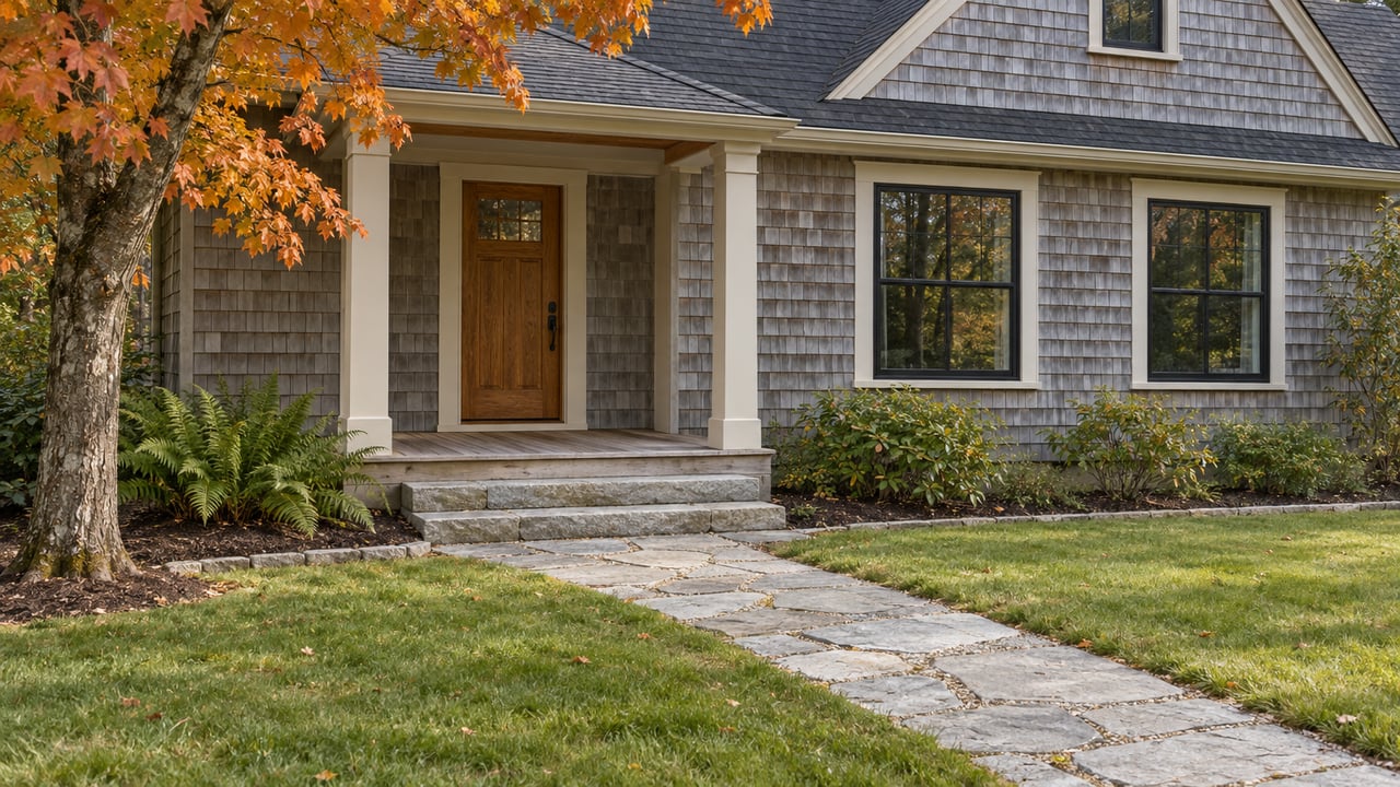 Gray shingle-sided home with a covered porch and stone walkway beneath autumn foliage.