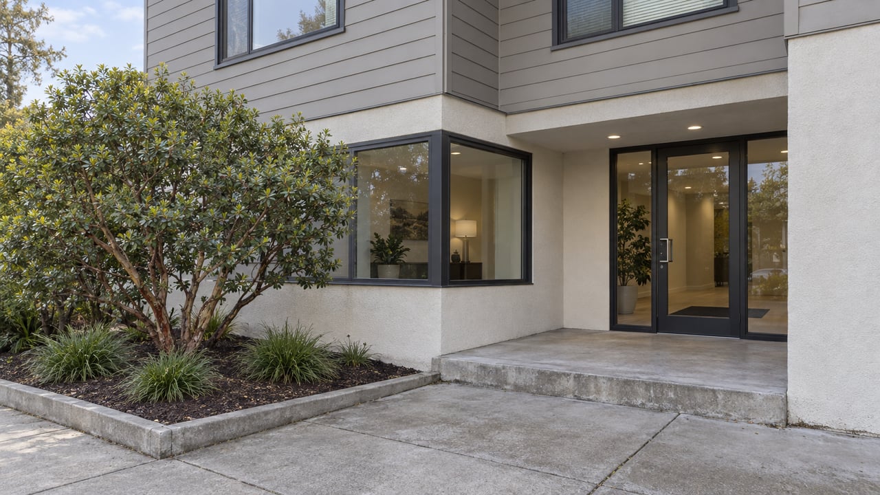 Three-story apartment building with a recessed glass entry, gray siding, and a planting bed with a branching shrub.