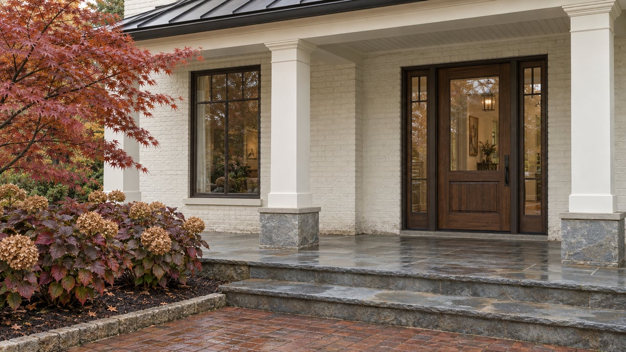 Ivory painted-brick veranda with walnut entry door, bronze-framed window, bluestone steps and copper-red autumn foliage.