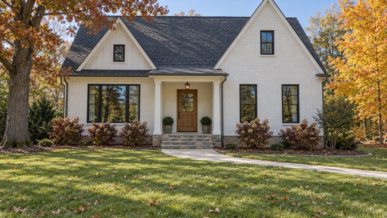 White-painted brick home with steep gables, black-framed windows and a stone porch beyond a deep lawn framed by autumn oak and maple foliage.