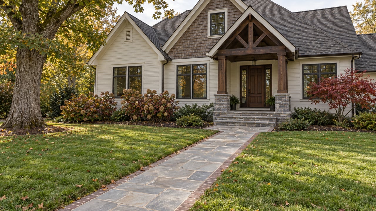 Autumn lawn and stone walkway leading to a gabled home with lap siding, cedar shingles, timber porch columns, and burgundy oakleaf hydrangeas.