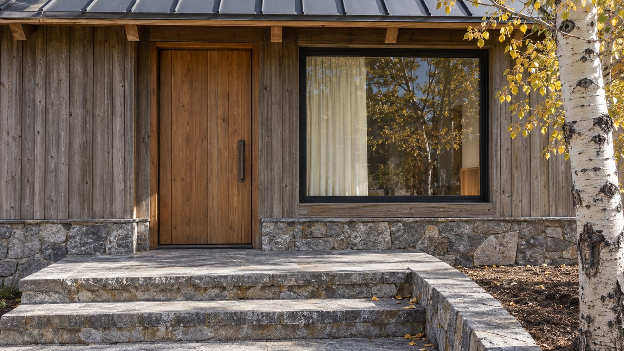 Weathered timber entry beside a broad window, with gray stone steps and a golden-leaved aspen.