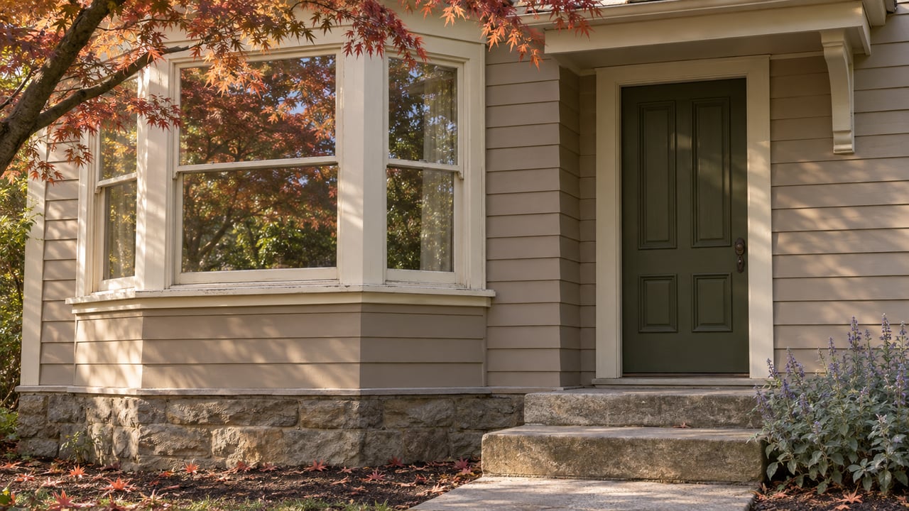 Putty-sided house with a three-pane bay window, recessed olive door, sandstone steps, and russet maple leaves.