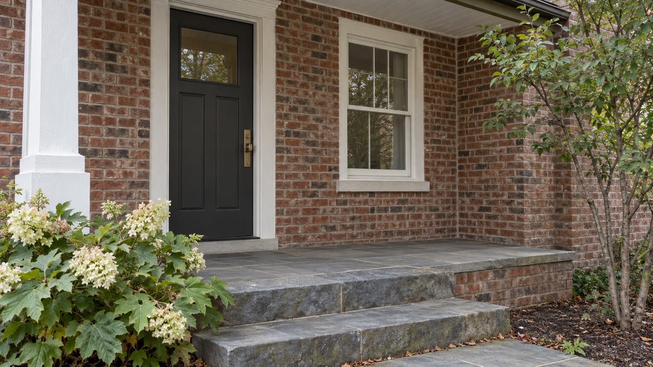 Dark paneled front door and white window in a red-brown brick porch above bluestone steps, beside an oakleaf hydrangea.