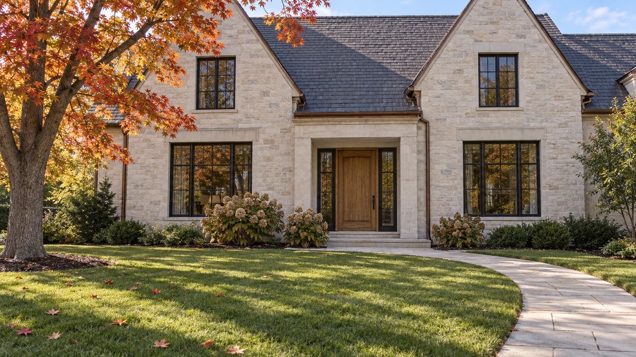 Pale limestone house with slate gables, black-framed windows, an oak entry, and a deep lawn beneath an amber autumn maple.