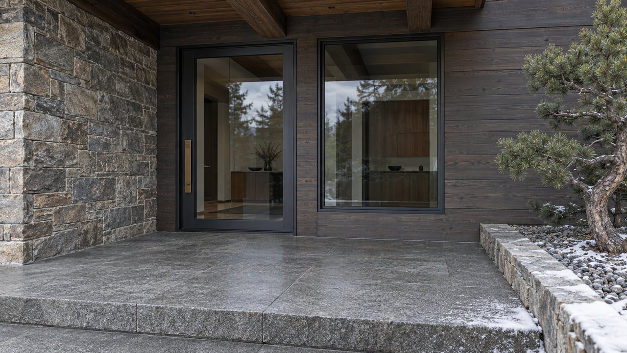 Dark timber and stone home entry with closed glass doors, a granite landing, and traces of snow beside a sculptural pine.