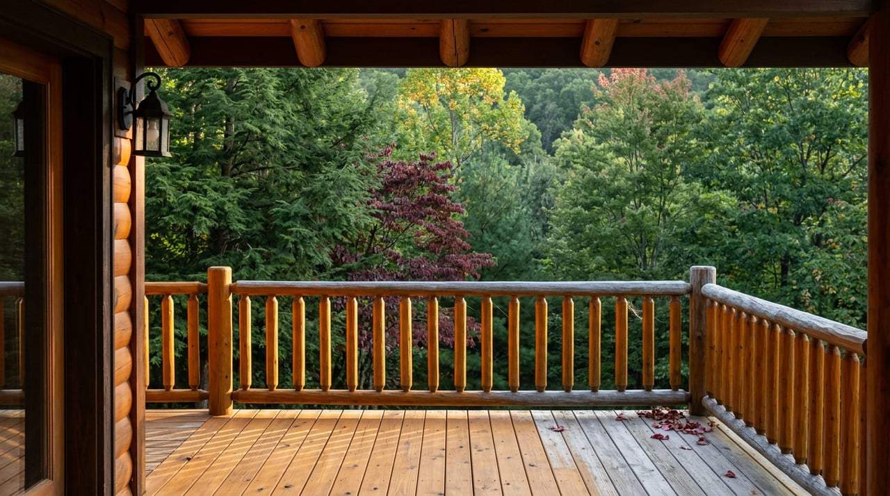 Forest canopy beyond a timber porch, with crimson dogwood leaves and a mostly green red maple.