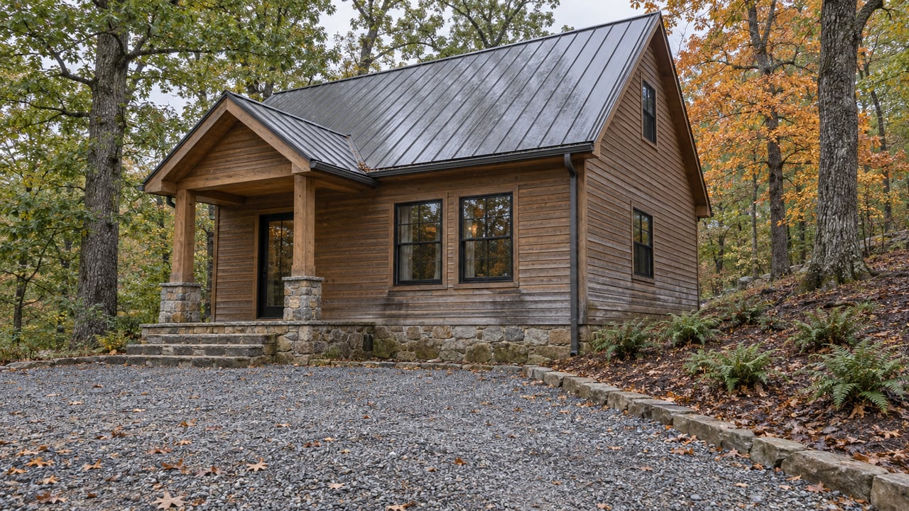 Wood-sided steep-gabled retreat with a covered stone entry, gravel approach and autumn hardwood canopy.