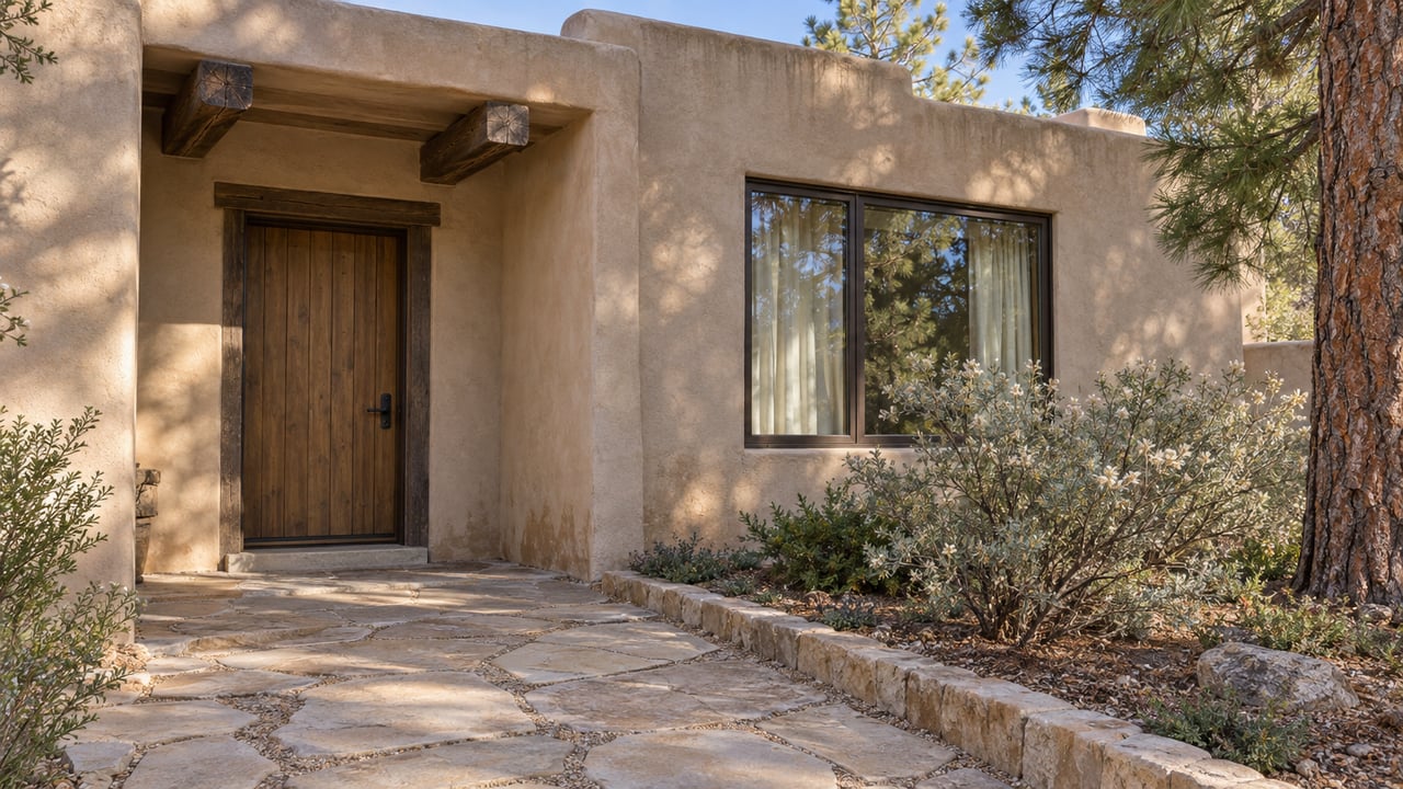 Sunlit stucco home entry with a timber portal, wood door, bronze-framed window, and flagstone approach beside ponderosa pine and mountain mahogany.