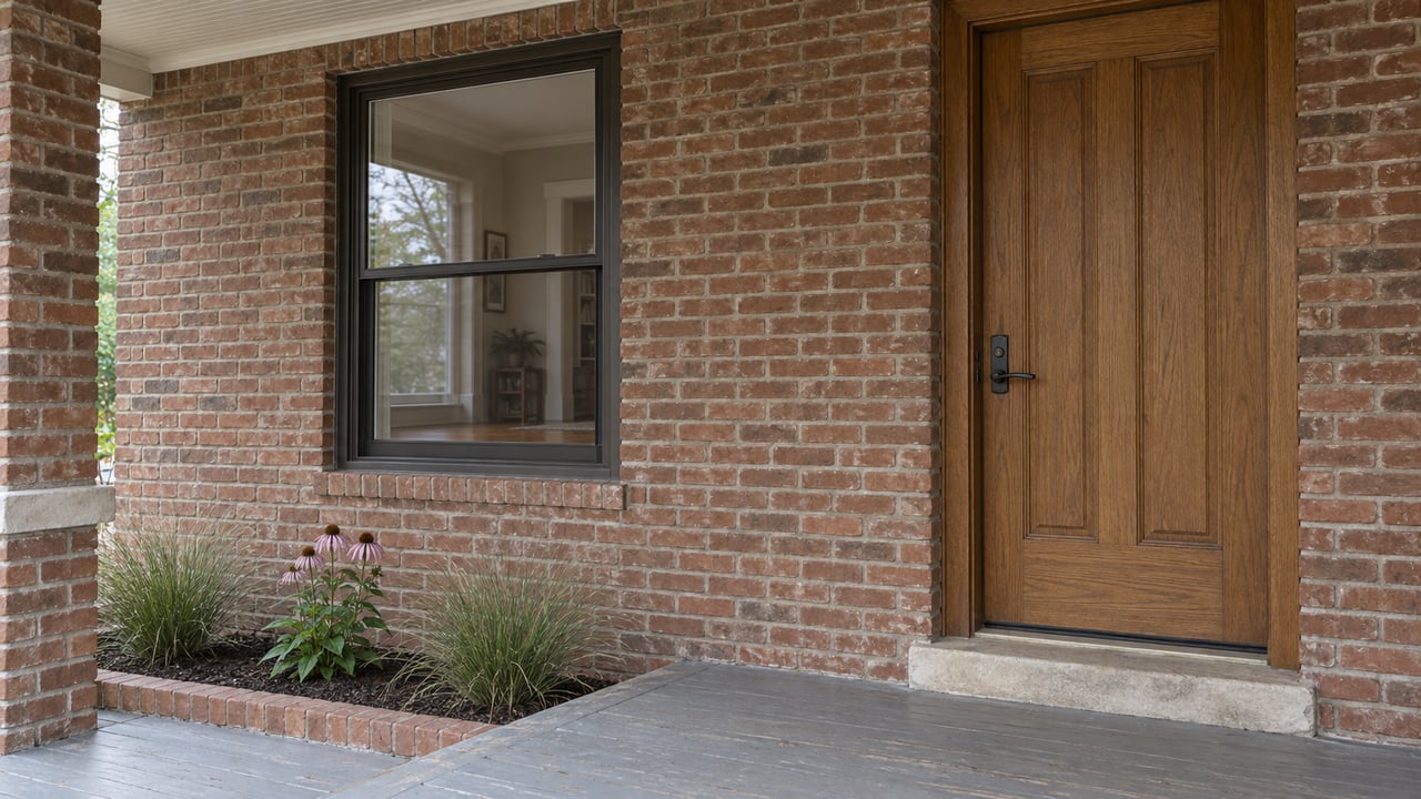 Older brick porch with a closed oak door, dark-framed window, limestone step, and narrow planting bed.