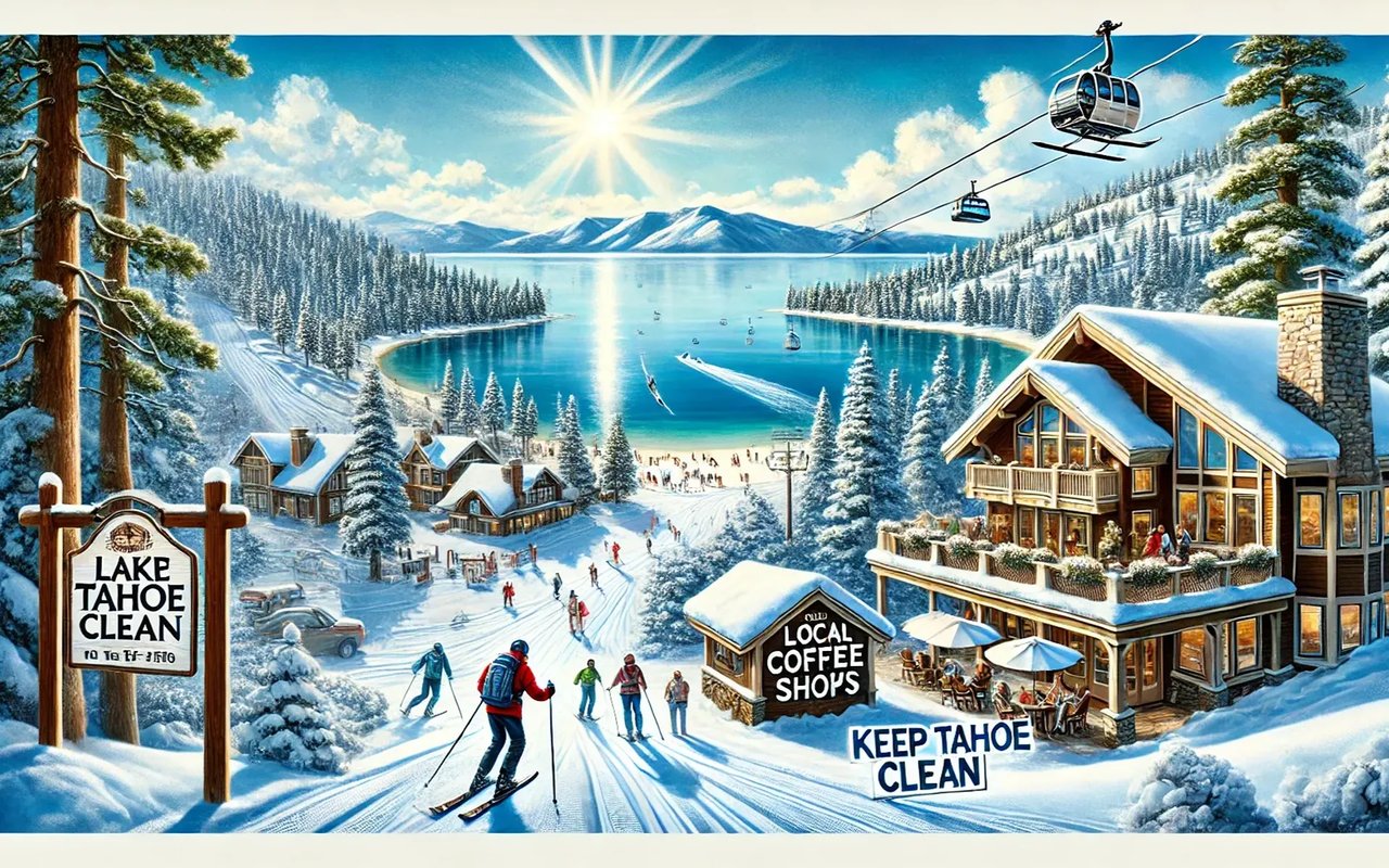 Snowy Lake Tahoe ski resort with skiers, a lakeside village, and a gondola.