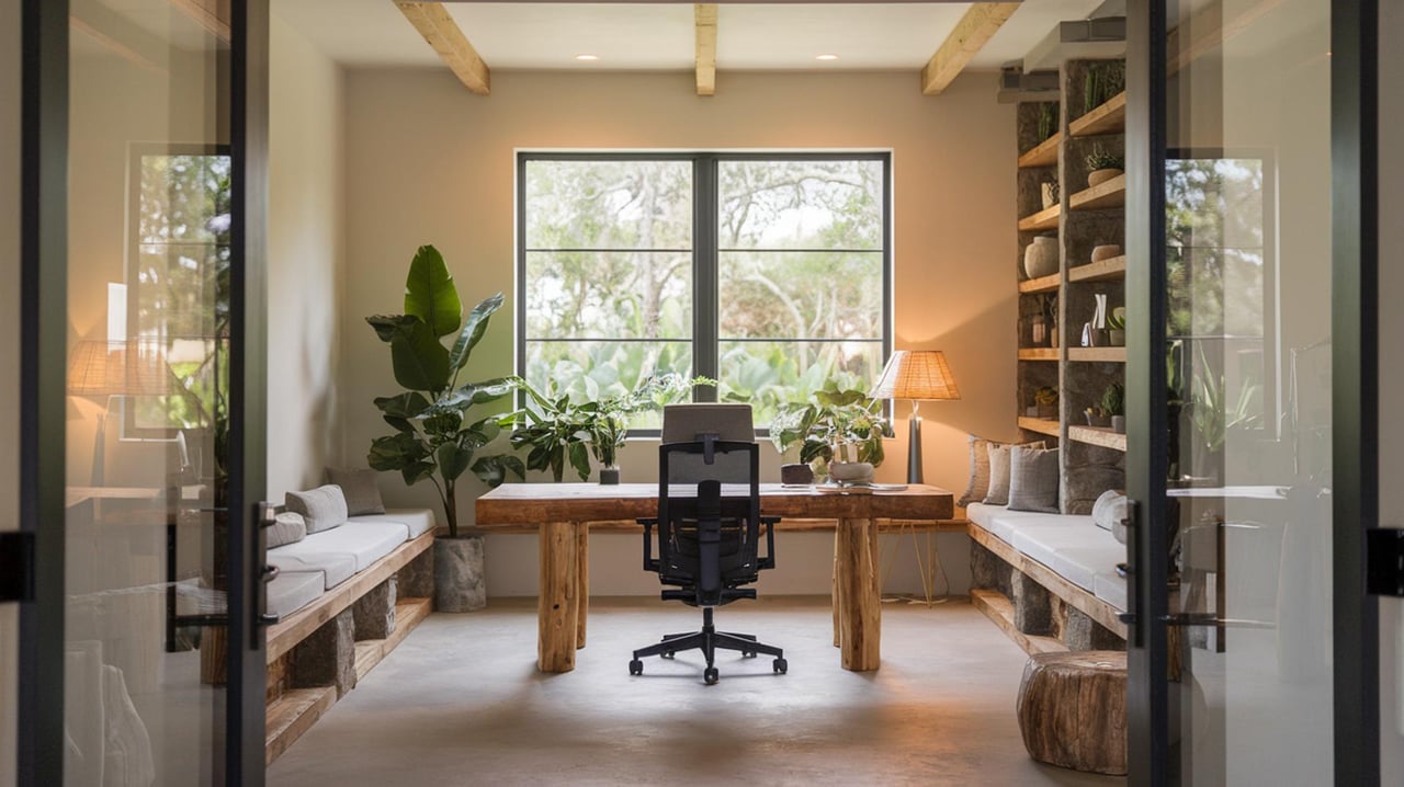 Home office with a central desk and chair, built-in bookcases, and large windows overlooking trees.