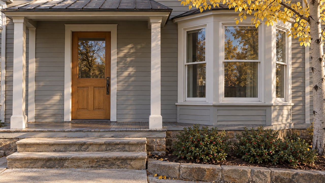 Sunlight grazes a timber doorway and white-framed bay window above worn sandstone steps, beside yellow aspen leaves.