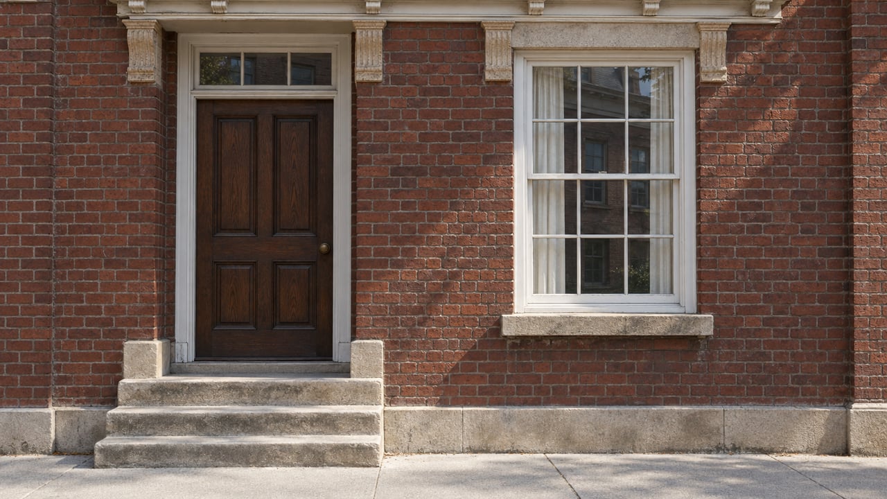 Russet brick home entrance with a dark oak door, white-trimmed sash window and worn limestone steps in soft daylight.