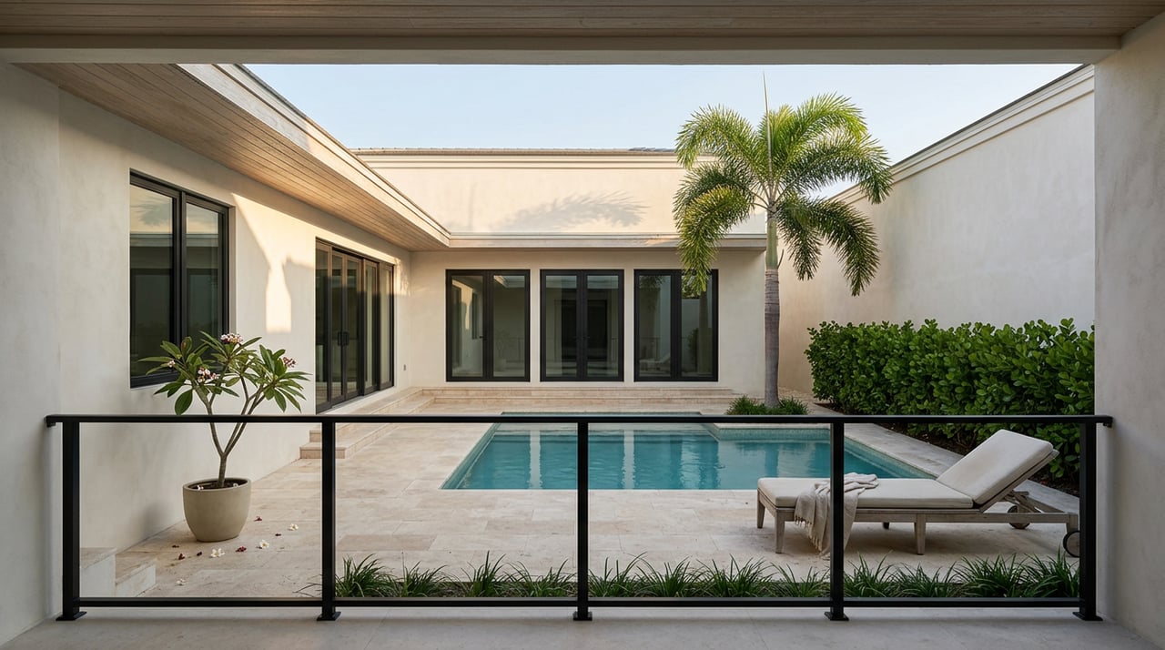Courtyard pool viewed from an upper loggia, with a foxtail palm and travertine deck.