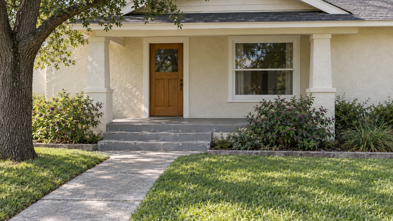 Ivory stucco bungalow with a sheltered timber entrance, weathered concrete steps, broad front lawn and purple-berried shrubs beneath a mature live oak.