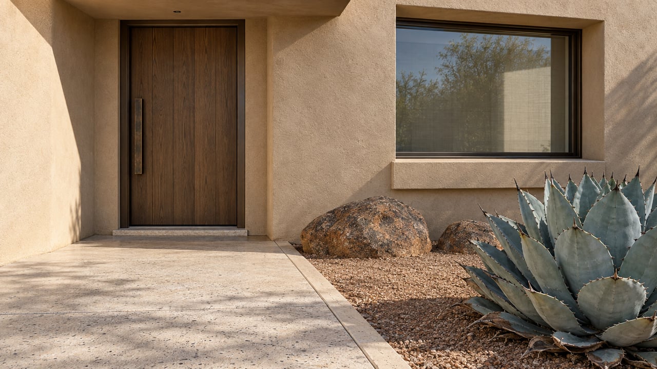 Sunlit sand-colored stucco entry with an oak door, bronze-framed window, concrete approach and blue-gray agave in gravel.