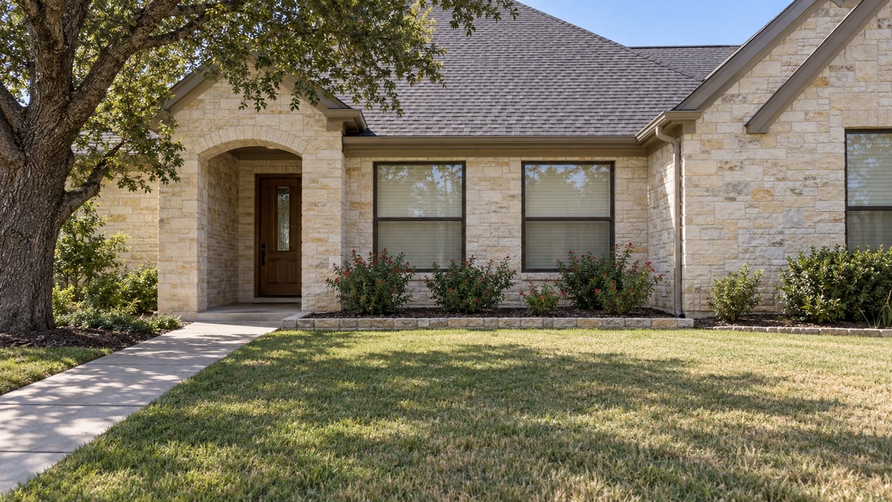 A limestone single-story home behind a deep lawn, with a shaded oak tree and concrete path leading to its arched entry.