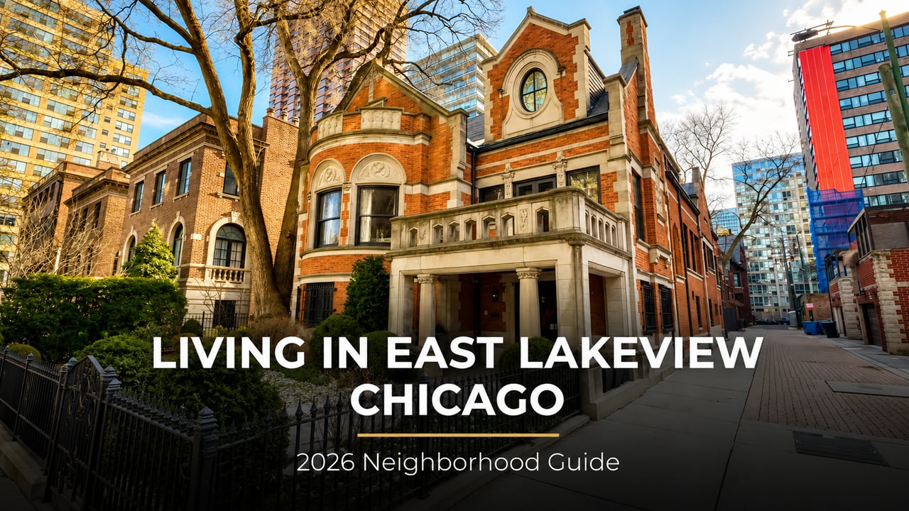 Victorian brick mansion and high-rise buildings on Wellington Street in East Lakeview Chicago