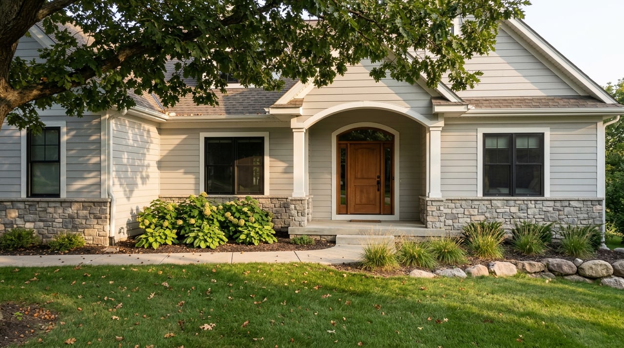 Gray-sided home with an arched stone entry, broad lawn, and mature oak canopy casting dappled shade.