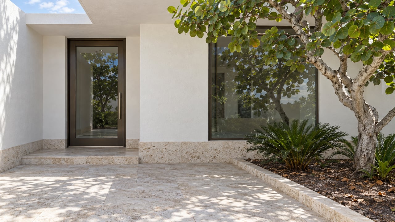White stucco home entry court with bronze-framed glass door, limestone paving, and a seagrape tree.