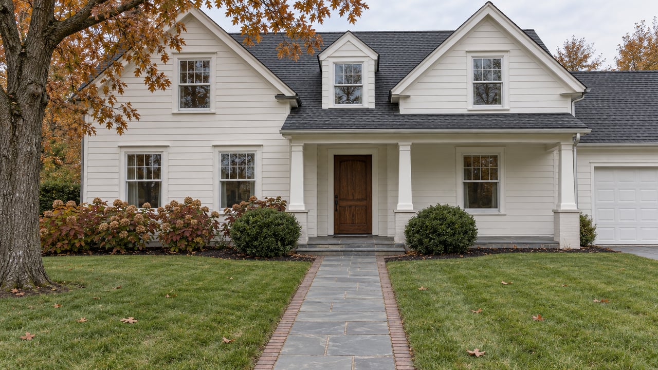 Two-story clapboard home with a slate porch, deep front lawn, bluestone walk, and oak foliage in soft autumn daylight.