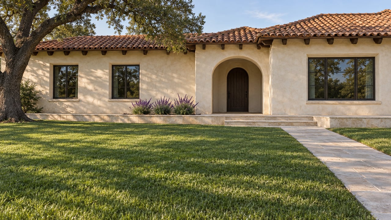 A clay-tile-roofed stucco home beyond a broad lawn, with a recessed arched entry, limestone steps and a mature oak.