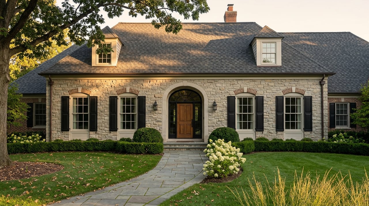 Stone-and-brick home with a gabled roof, arched entry, mature oak, clipped hedges, and curving walkway across a broad lawn.