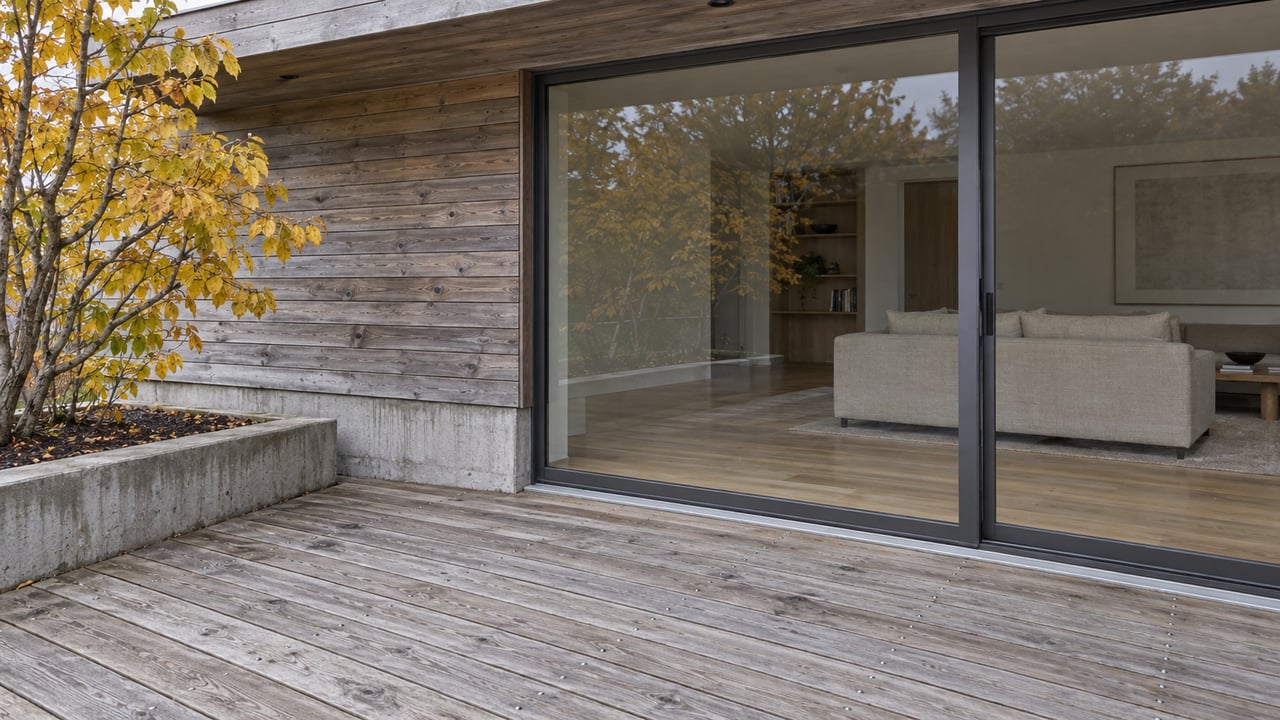 Weathered cedar and closed dark-framed glazing above a wood terrace, beside an autumn witch hazel and a raised concrete planting curb.
