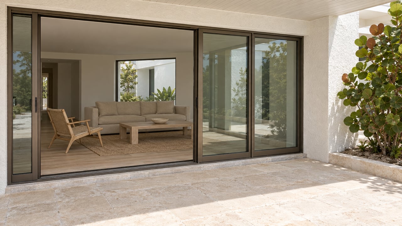 A shaded limestone terrace meets bronze-framed sliding doors opening onto a light living room with linen seating and pale oak floors.