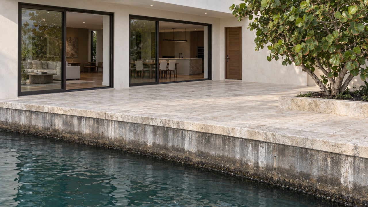 Waterfront home with a concrete seawall, raised limestone terrace, and broad-canopied tree beside the canal.