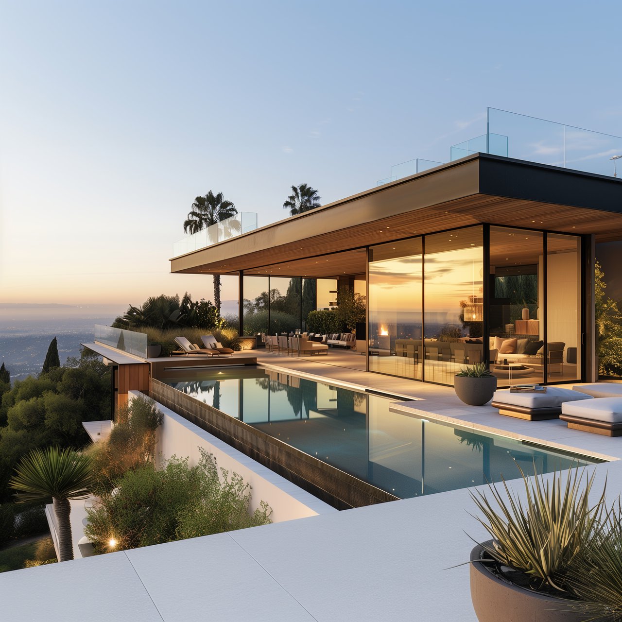 Modern glass home with a pool and furnished terrace overlooking the landscape at sunset.