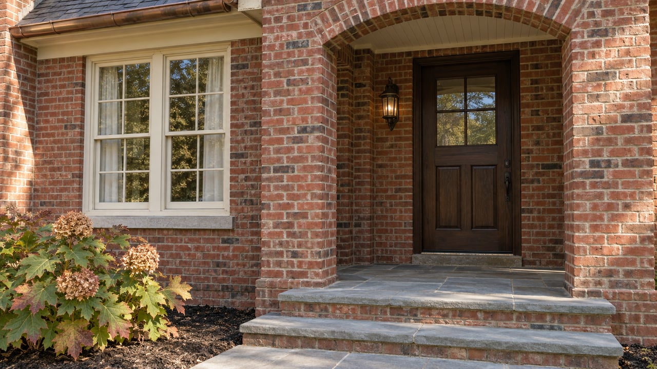 Red-brick home entry with an arched porch, oak door, bluestone steps and oakleaf hydrangea.