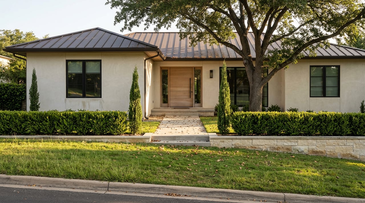 Terraced lawn and limestone retaining walls rise to a stucco hillside home beneath a broad oak canopy.