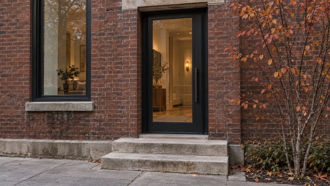 Brick residential entrance with a closed glass door, limestone steps, and sparse copper leaves.