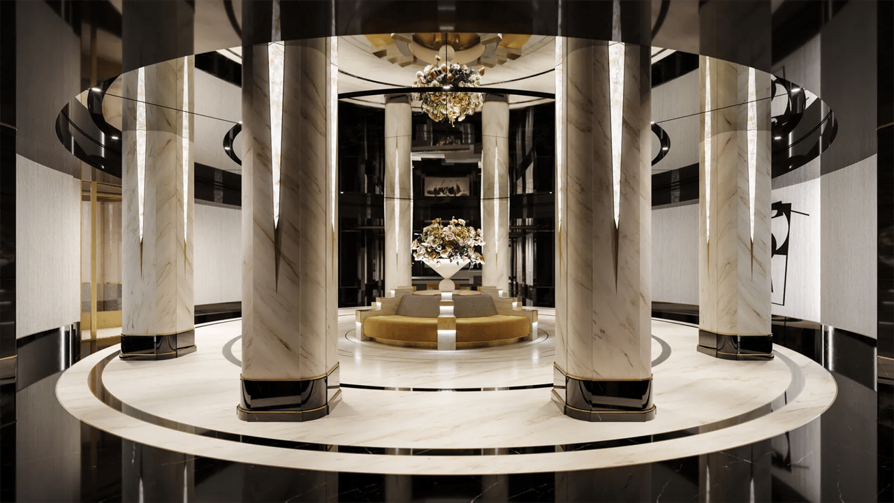 Waldorf Astoria residences lobby with marble columns, circular gold seating, and floral chandeliers.