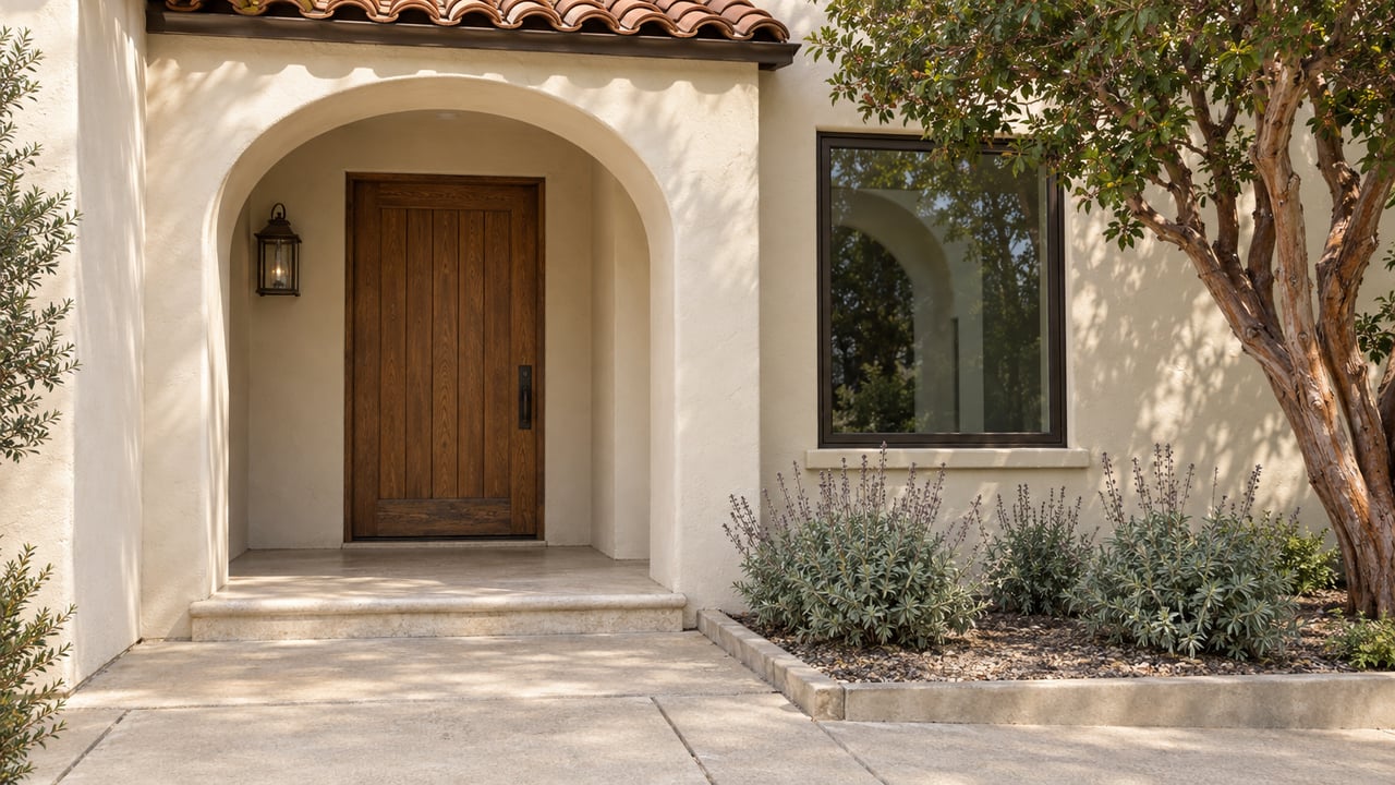 Cream stucco home with a recessed arched oak entry, red clay roof tiles, bronze-framed window and a planted concrete approach.