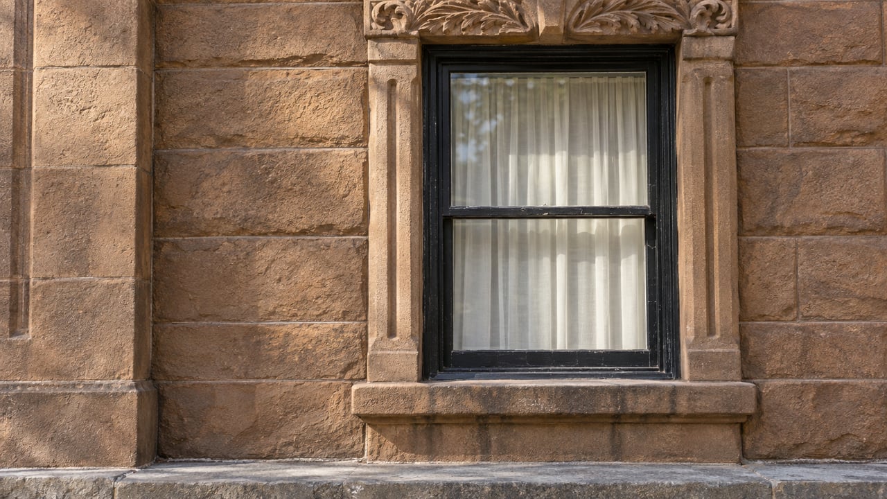 Close view of a black timber sash window framed by weathered carved brownstone above a worn limestone landing.