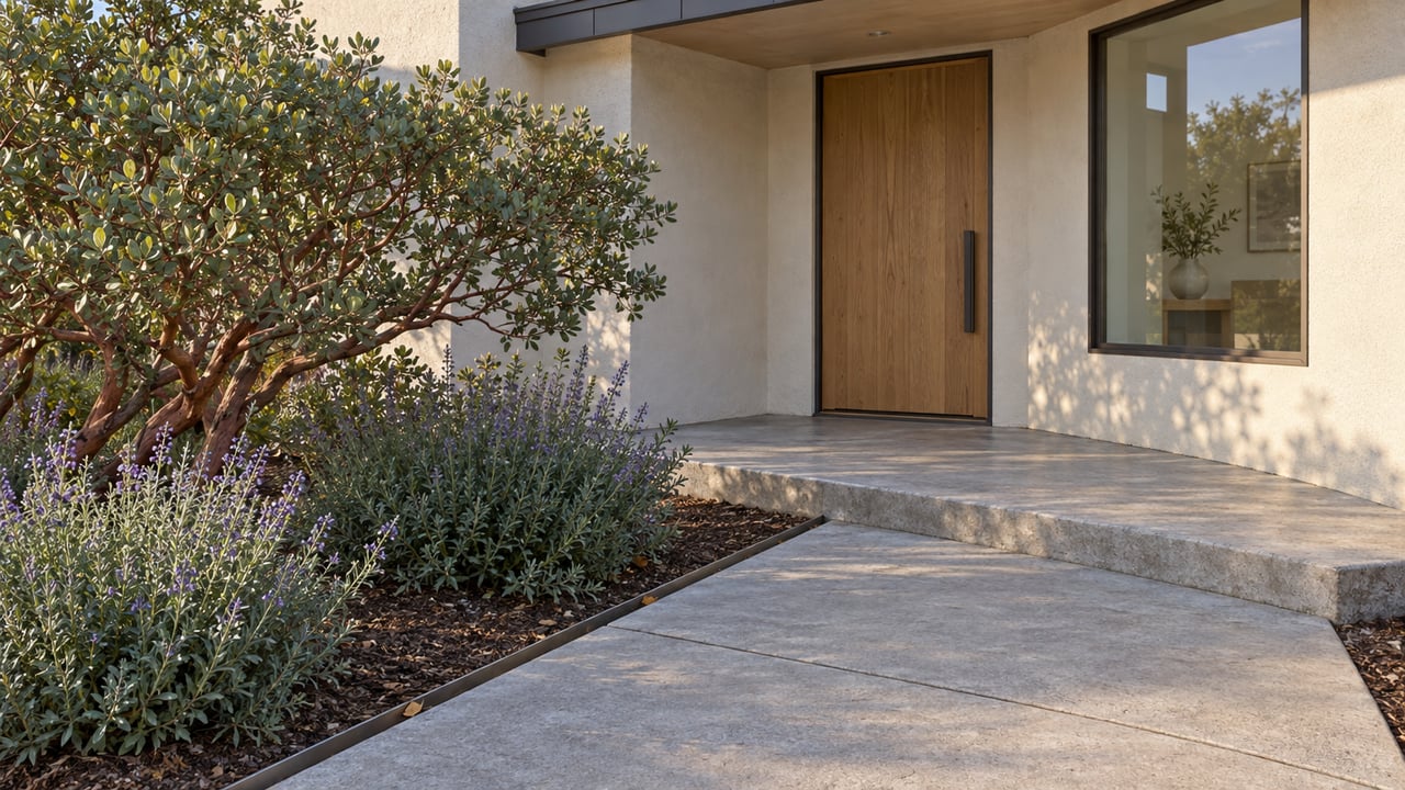 Covered house entry with an oak door, concrete walkway, manzanita, and flowering sage.