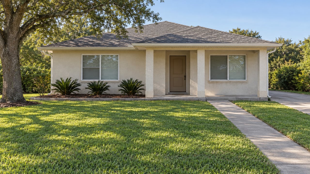 A modest single-story stucco home with a shaded front porch, broad lawn, concrete walk and mature live oak in morning light.