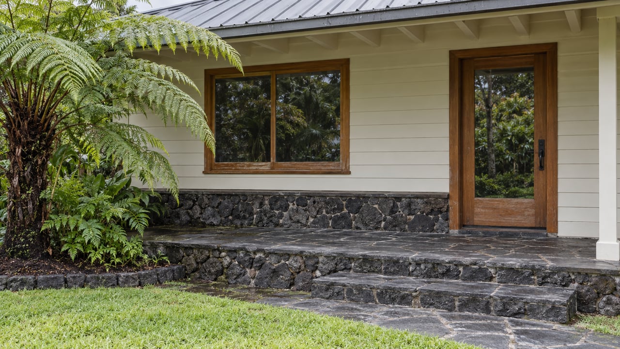 Covered home entry with pale siding, timber-framed glass, dark volcanic stone steps and an arching tree fern beside a green lawn.