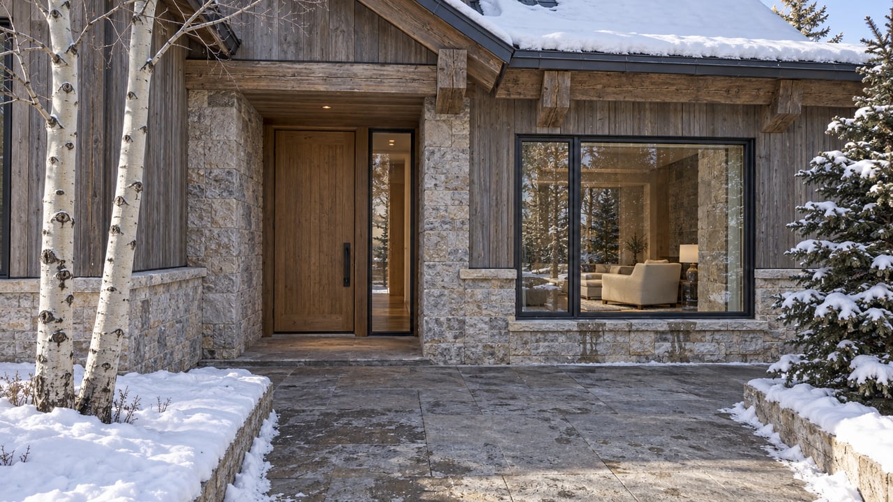 Snow-edged limestone entry terrace at a timber-and-stone residence, with bare aspens, a snow-dusted spruce and warm light behind closed windows.