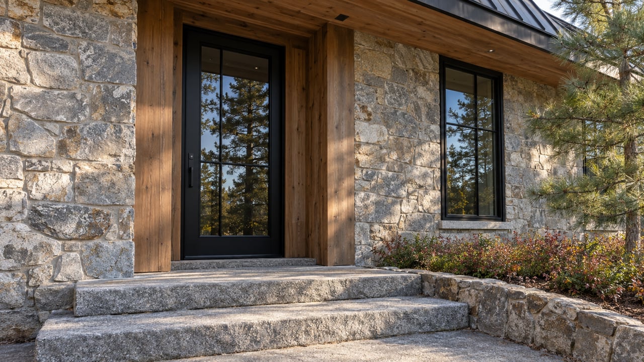 Stone entry wall beside a recessed glass door and granite steps, with a pine reflected in the window.