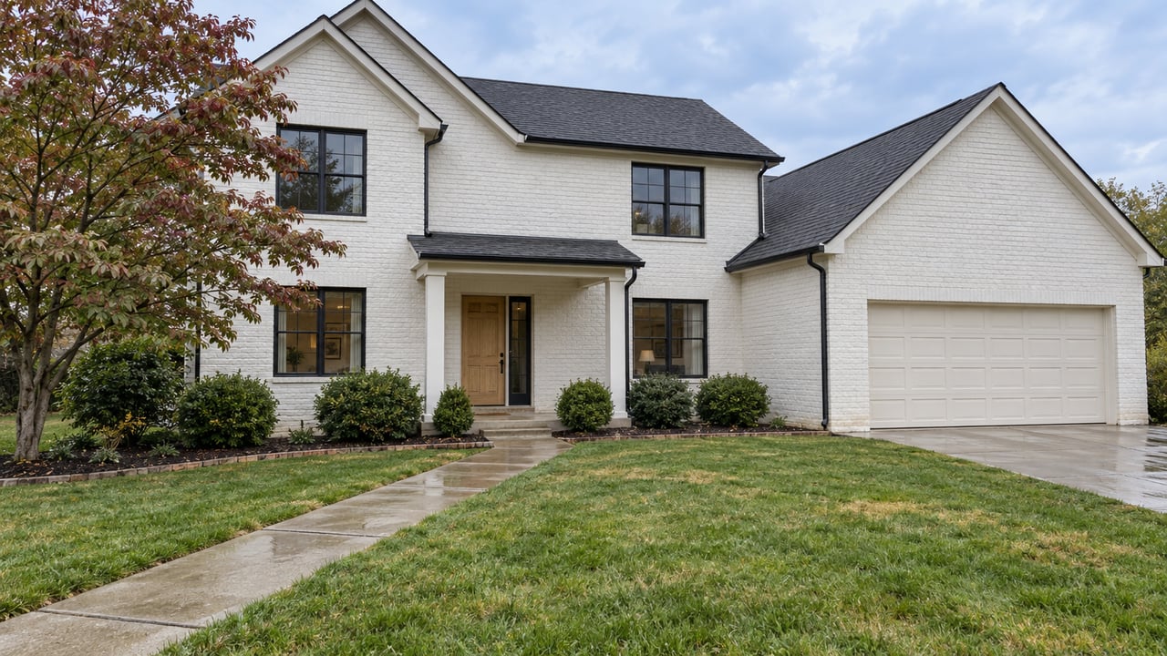 Two-story white brick house with an attached garage, covered entry, and wet front walkway.