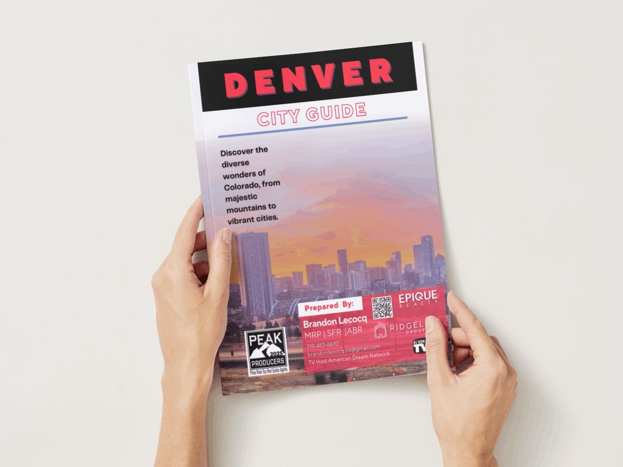Denver City Guide booklet with a sunset skyline on the cover.