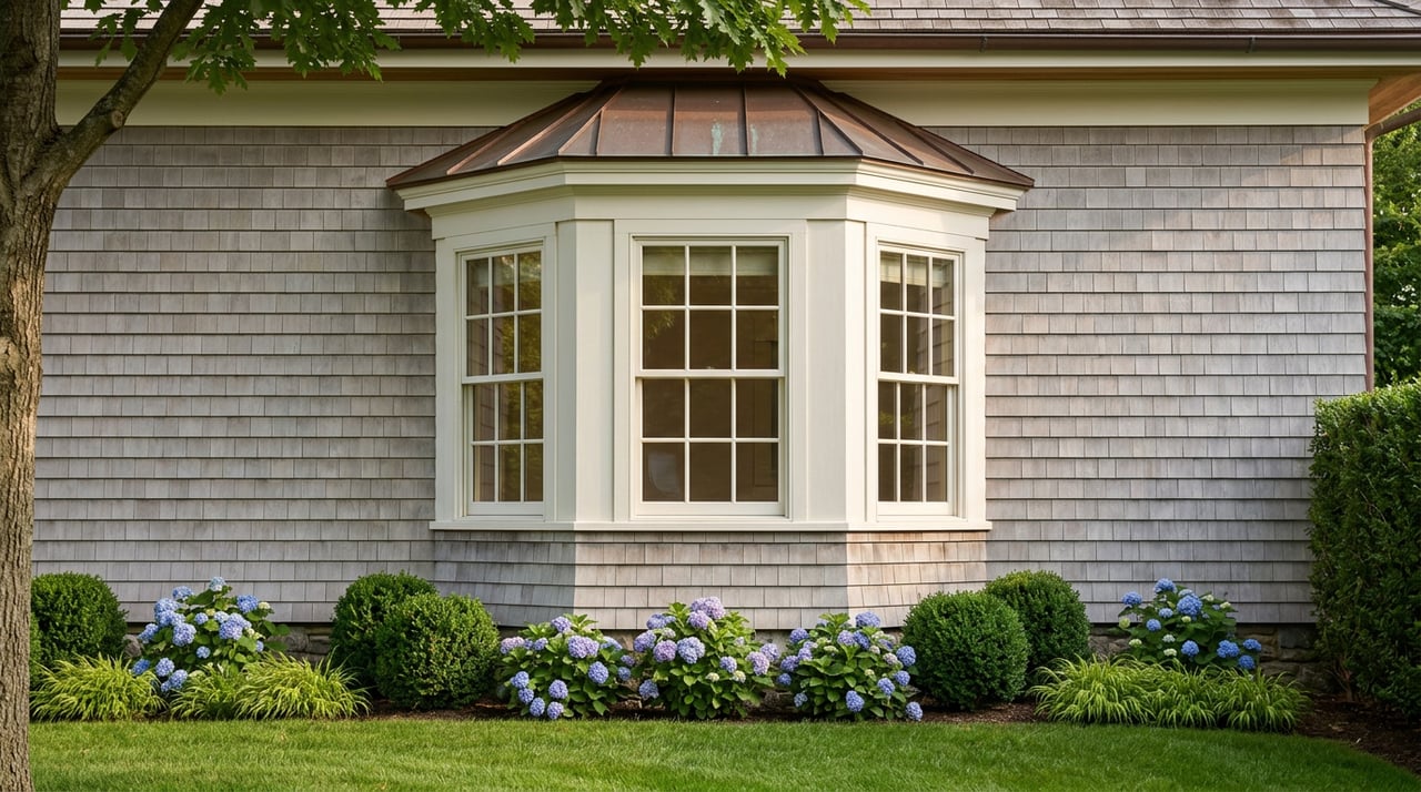 A three-sided shingle bay window with a patinated copper roof rises above blooming hydrangeas.