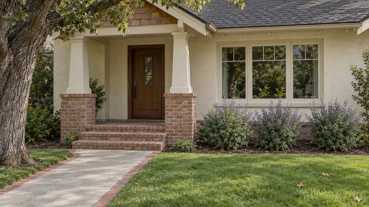 An established oak frames a stucco home's sheltered porch, with weathered cedar shingles, brick steps and a broad front lawn.