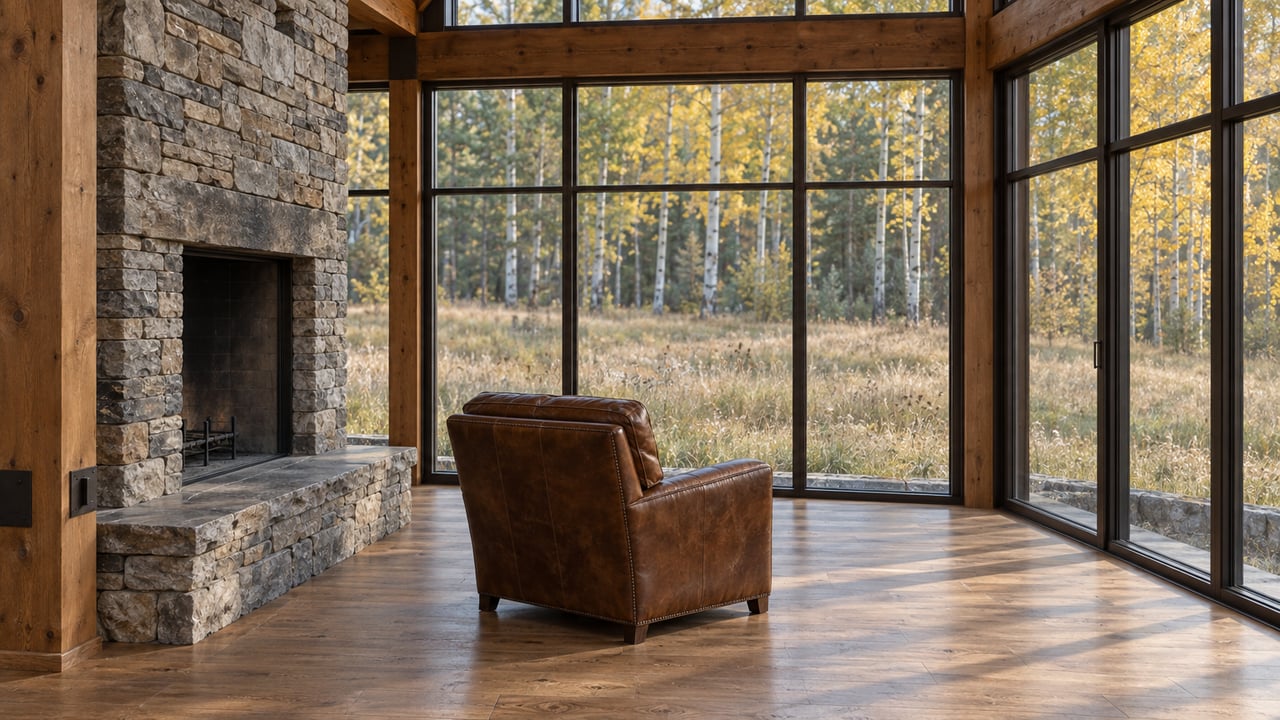 Stone fireplace and worn leather chair beside gridded windows overlooking a meadow and pale-trunked aspens.