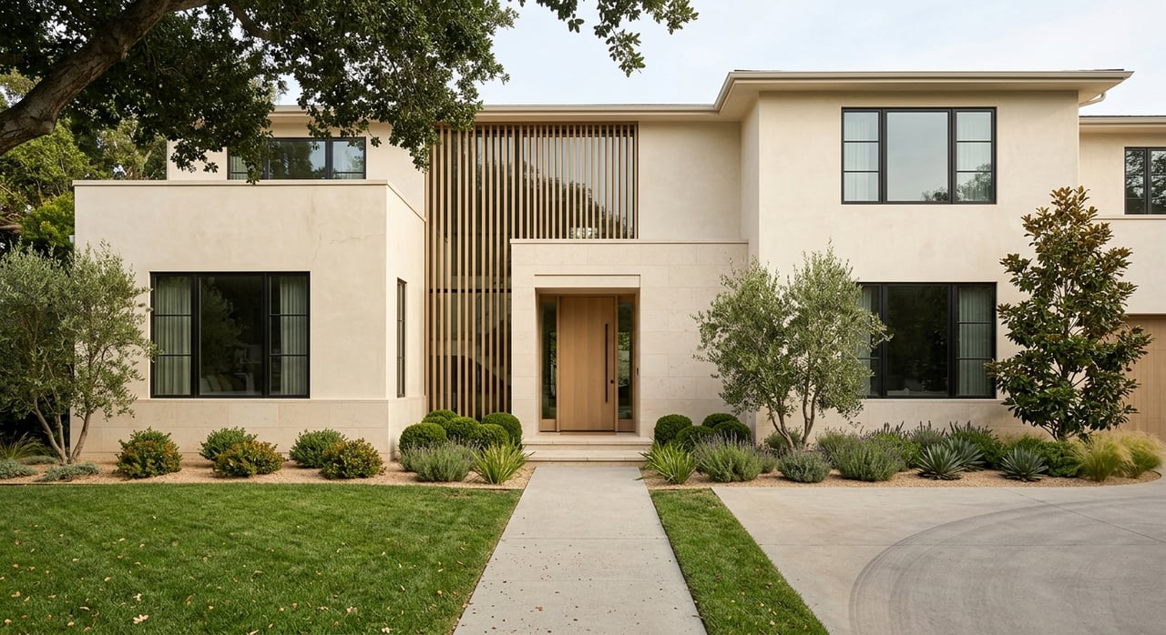 Modern house set well back behind a broad front yard.